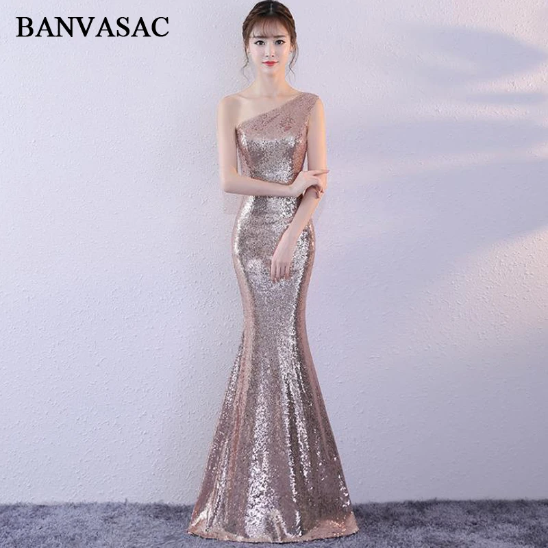 

BANVASAC One Shoulder Sequined Sleeveless Mermaid Long Evening Dresses 2018 Elegant Party Backless Prom Gowns