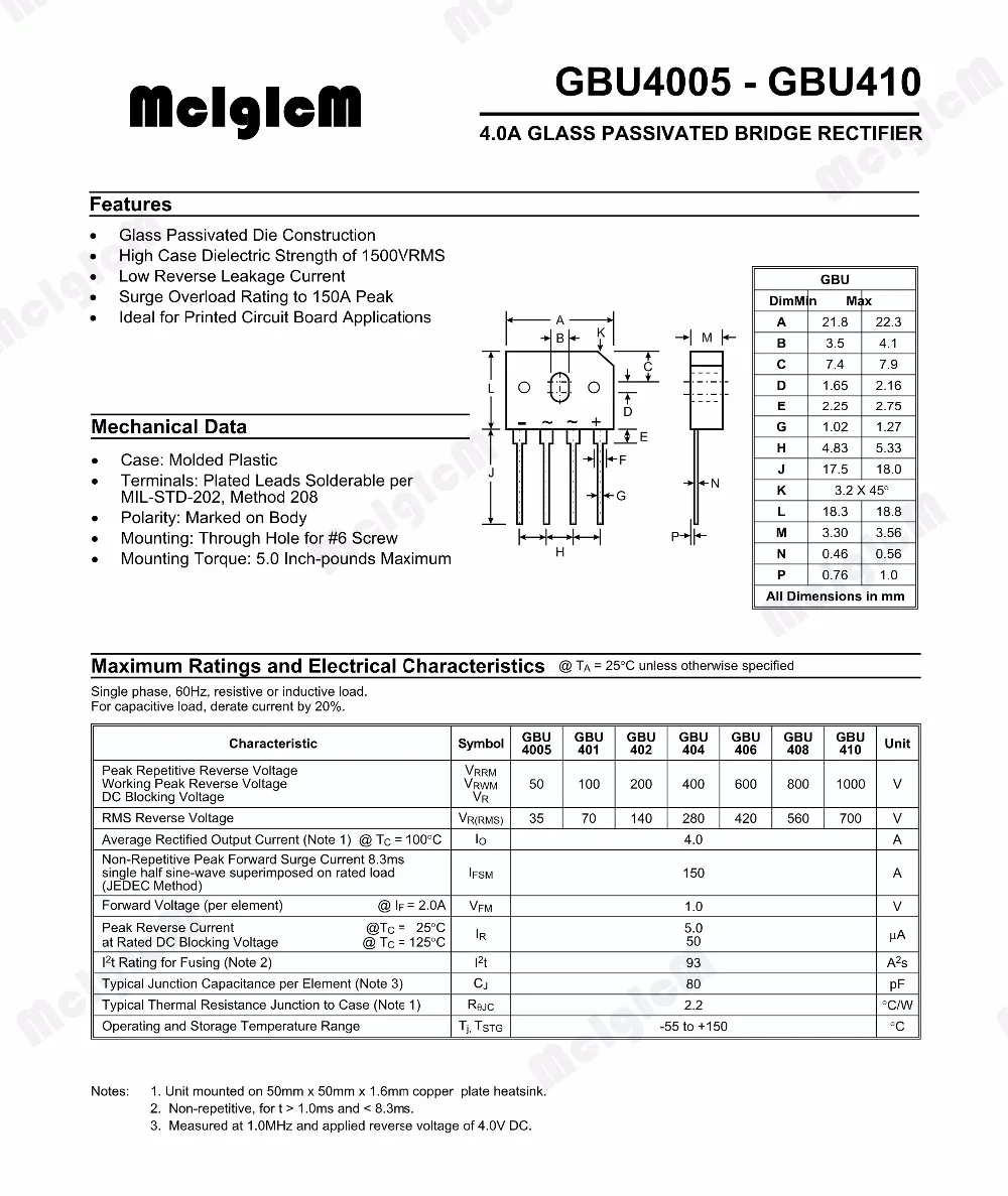 MCIGICM 5PCS 4A 600V GBU406