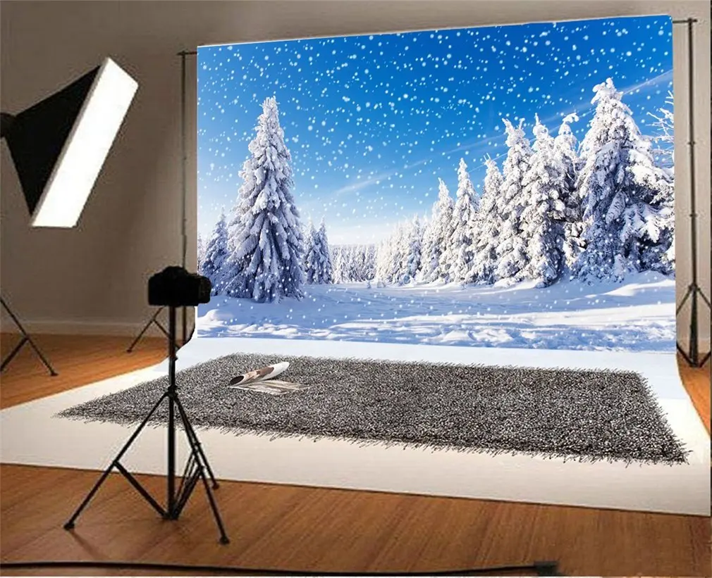 

7x5t Photography Backdrop Christmas Pine Tree Snow Covered Landscape Snowflakes Sunshine Nature Winter Happy New Year