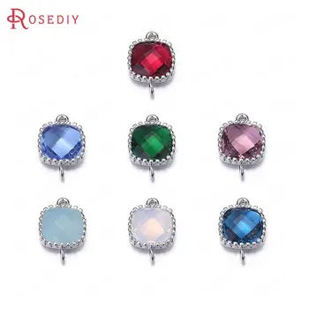 

4PCS 9x14MM Hole 1MM Brass Square Colourful Glass Beads 2 holes Connect Charms Diy Jewelry Findings Earrings Accessories
