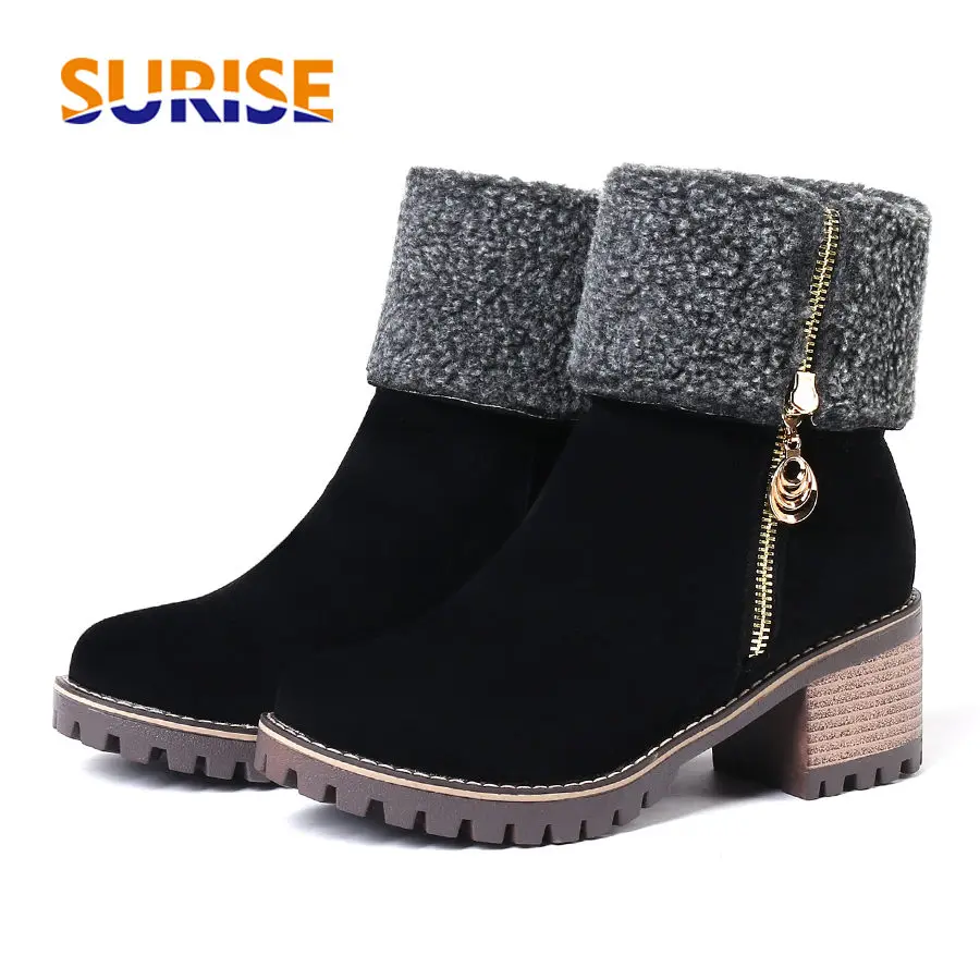 

2018 Winter Women Flock Ankle Boots 6cm Square Block Platform Heel Round Toe Grey Warm Fur Plush Zipper Short Snow Boots Size 43