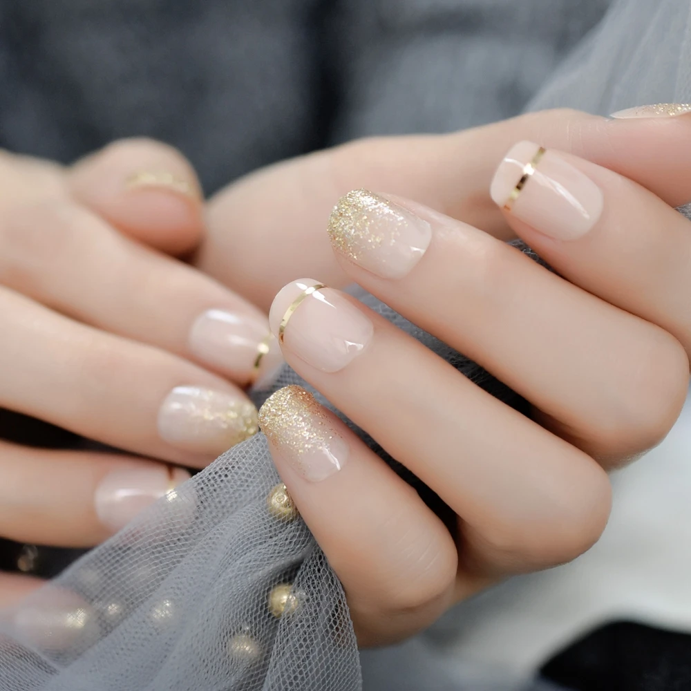 Короткие блестящие натуральные накладные ногти золотой ободок милый элегантный Предварительно Разработанный ногти круглый натуральный Блестящий кончики для ногтей