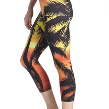 Для женщин ладонью под закат печати Фитнес быстросохнущая упражнения Леггинсы для женщин Высокая Талия до середины икры энергии Брюки для девочек Мотобрюки женская одежда