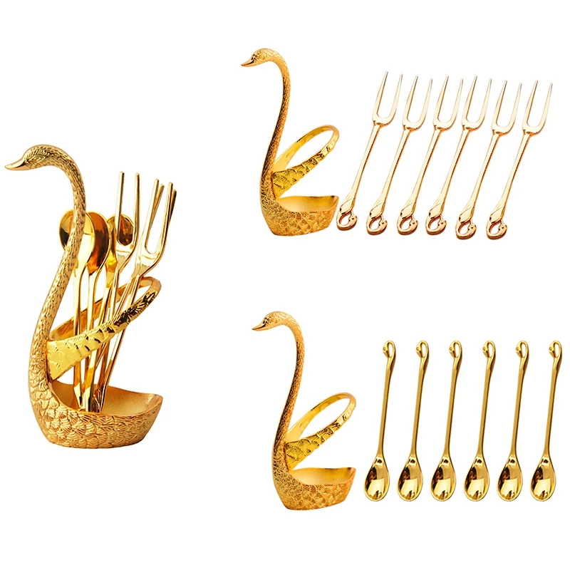 Swan Base Holder Fruit Forks Set Stainless Steel Salad Dessert Forks Spoon Coffee Cake Tools Tableware