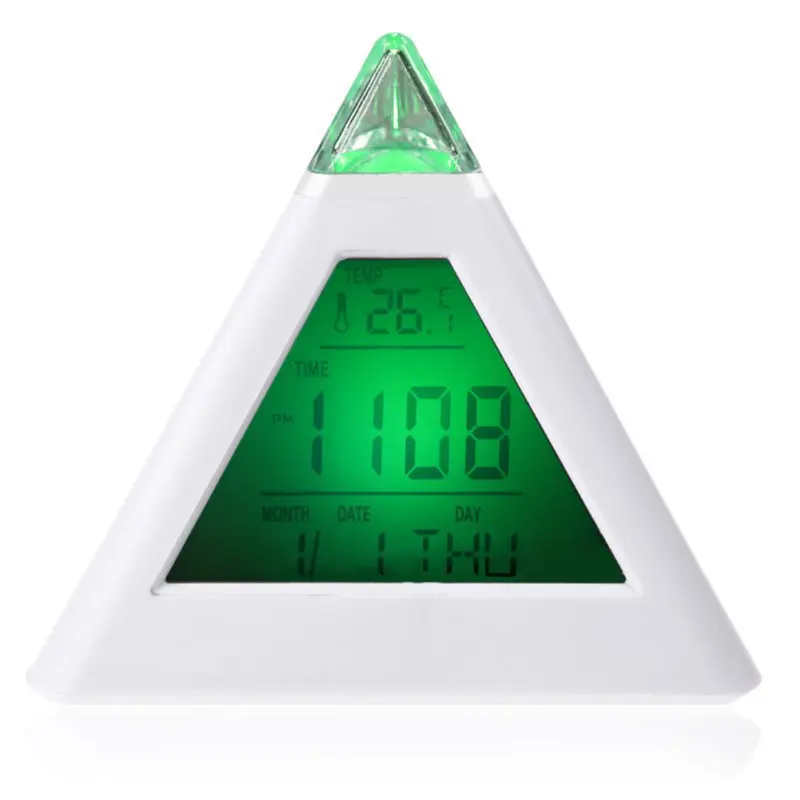 

7 LED Change Colors Pyramid LCD Digital Snooze Alarm Clock Time Data Week Temperature Thermometer C/f Hour Home
