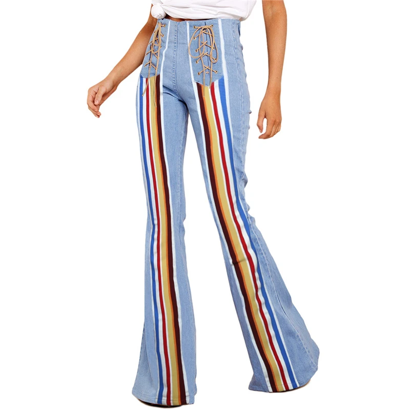 Vintage High Waist Rainbow Striped Bell Bottom Jeans for Women Elegant Ladies Retro High Rise Lace Up Flare Jeans Denim Pants