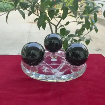 

05339 3pcs Natural Black Obsidian Sphere Large Crystal Ball Healing Stone+sta