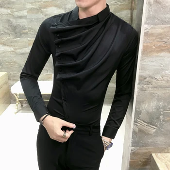 

Long Sleeve Slide Button Ruffle Shirt Men 2018 Autumn Button Down Slim Fit Dress Shirt Men Wedding Party Prom Male Shirt