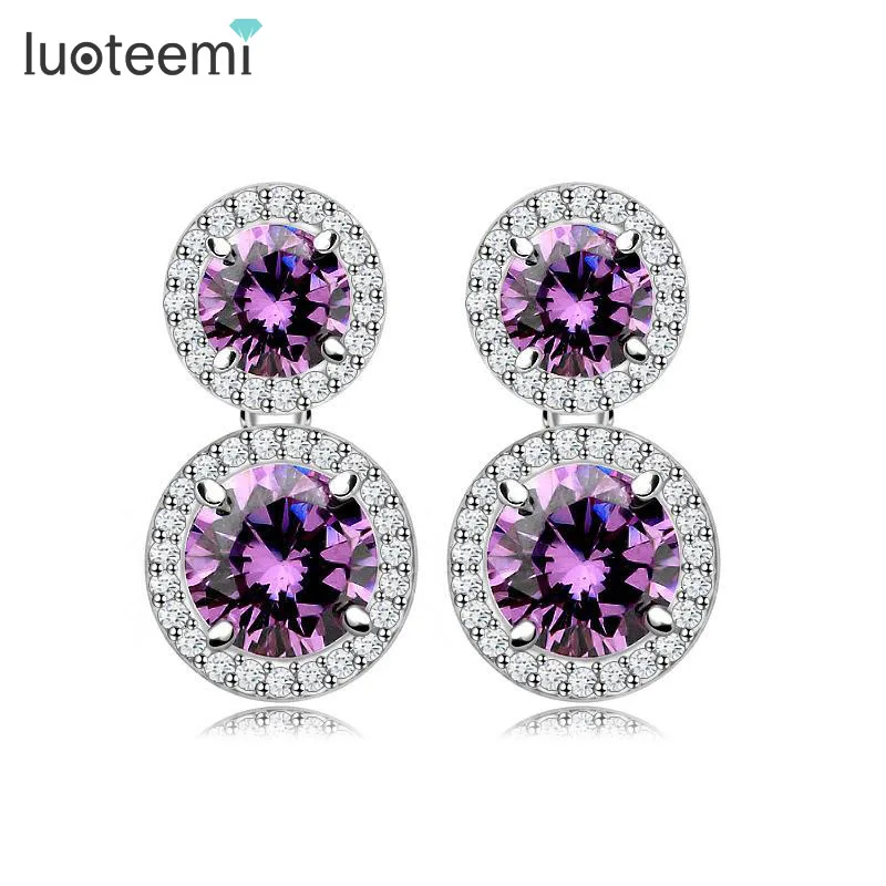 

LUOTEEMI Two Big High Quality Round AAA Zircon Stone with Tiny Zircon Around Drop Earrings for Women White Gold-Color Wholesale