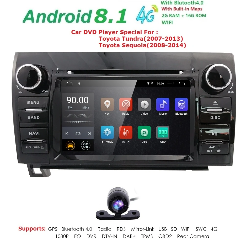 

7 Inch 2 Din HD 1024x600 Quad Core Android 9.0 Car DVD GPS For Toyota Tundra Sequoia 2008-2013 Stereo Radio 4G WiFi OBD DVR DAB+
