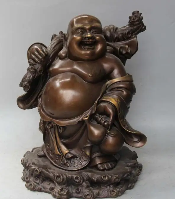 

S2628 17" Chinese Bronze Happy Laugh Maitreya Buddha Crane Gourd Money Bag Statue