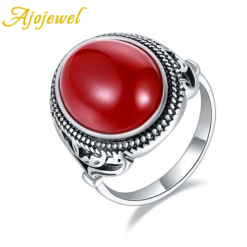 

Ajojewel Size 5.5-9 Vintage Red/Green Imitation Natural Stone Ring Women Elegant Hollow Side Anel New Female's Gift