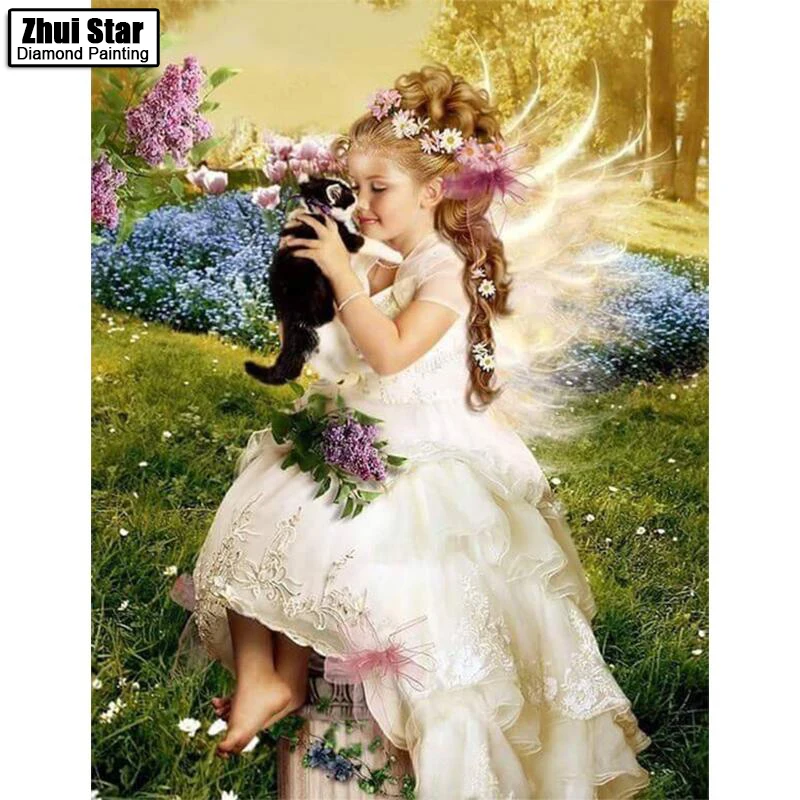 

Zhui Star girl and cat wall arts full diamond embroidery new needlework home decoration 3D diy diamond painting cross stitch ZX