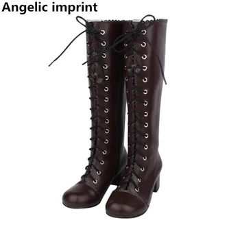 

Angelic imprint Japan classic mori girl Women motorcycle shoes lady lolita Boots woman princess med heels pumps dress boots 46