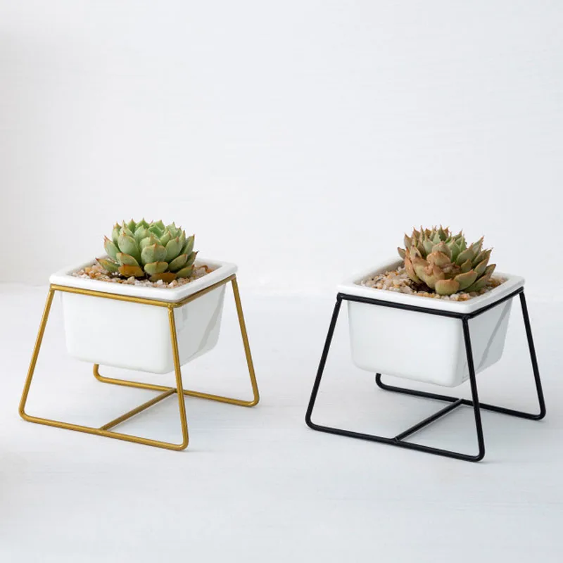 

Nordic Ceramic Square Flower Pot Succulent Plants Vase with Iron Shelf Desktop Crafts Ornament Home Decoration Accessories Gifts