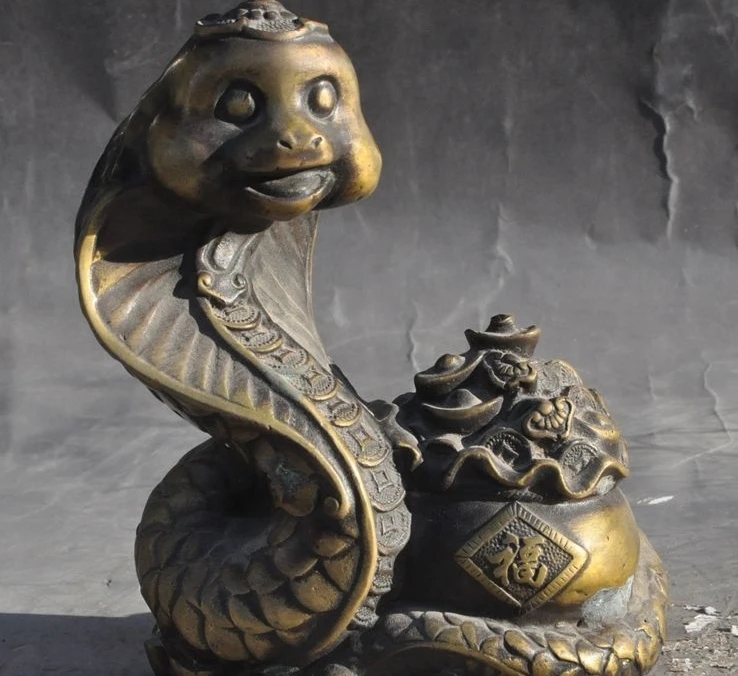 

7" chinese bronze fengshui Zodiac animal Snake yuanbao money wealth lucky statue