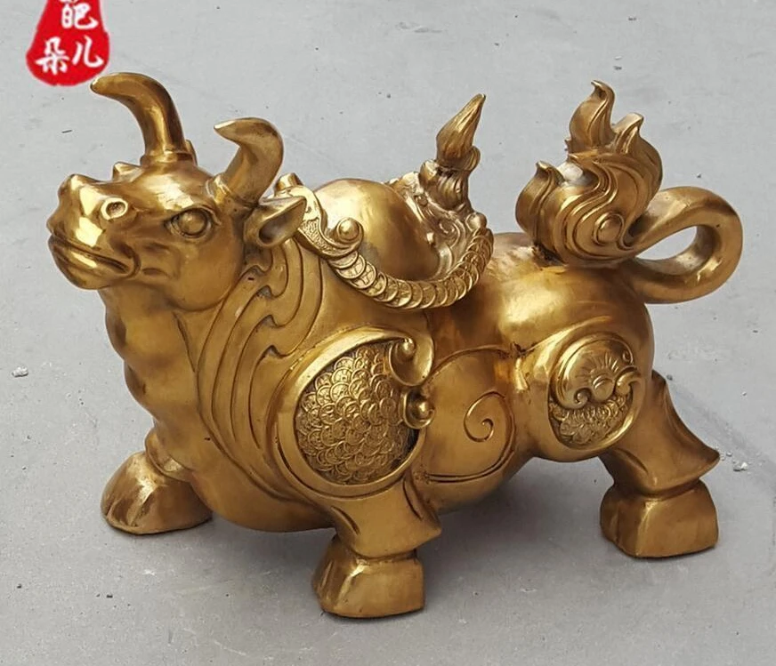 

Folk Chinese Pure Bronze Year Zodiac FengShui Bull Ox Statue Animal Figurine