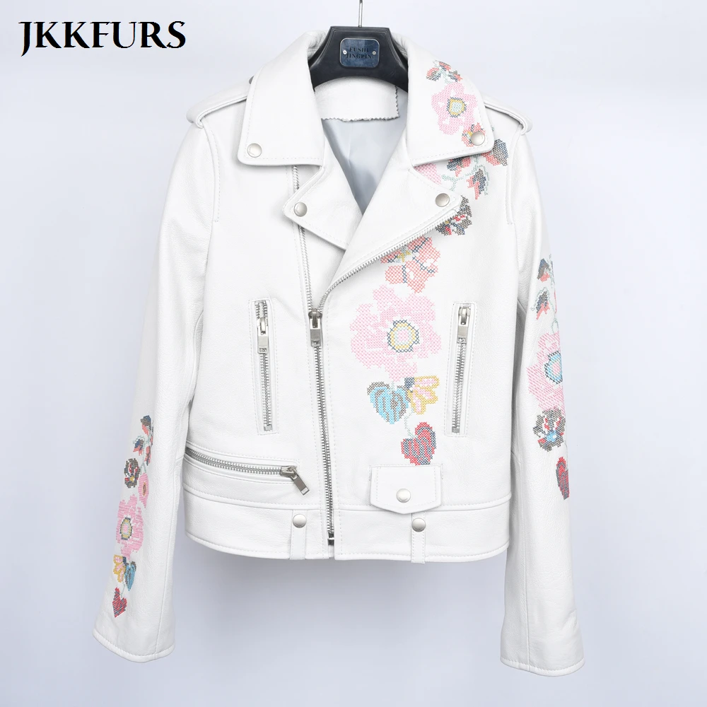 

White Genuine Leather Jacket Women's Spring Fashion Real Sheepskin Coat With Pocket Print Floral S7538