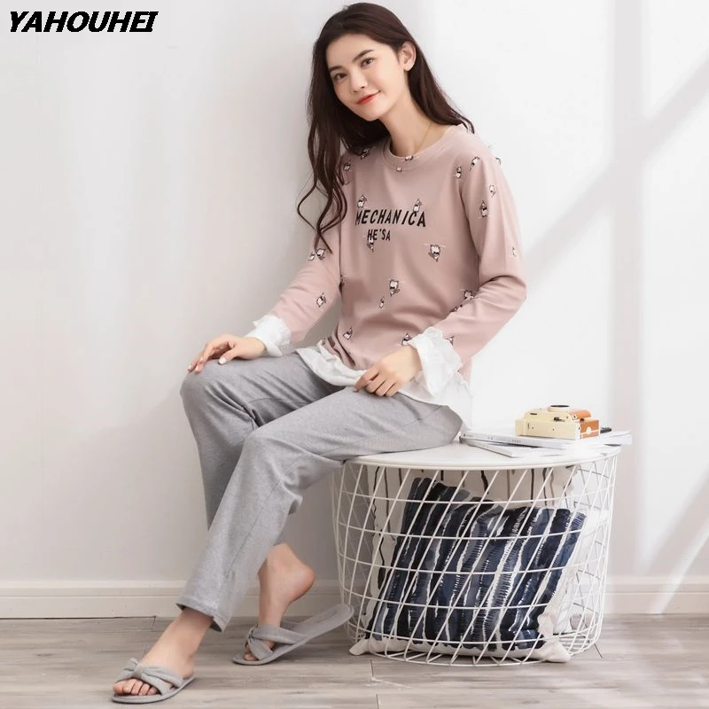 2019 Autumn Winter 100% Cotton Pajama Sets for Women Long Sleeve Lace Pyjama Girl Cute Cartoon Homewear Loungewear Home Clothing | Женская