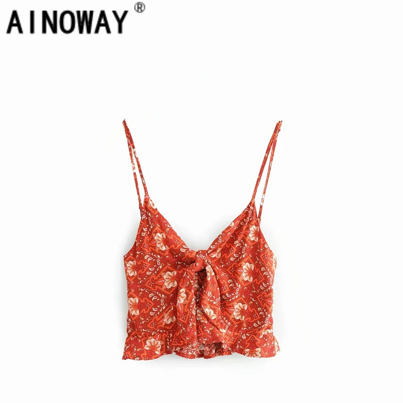 

Vintage chic fashion floral print women sleeveless crop tops beach bohemian vest short bow boho camis ruffles female