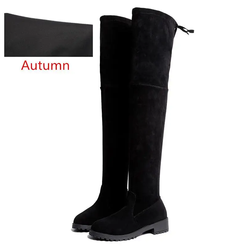 Зимние Сапоги выше колена размера плюс 35-41 пикантные женские сапоги до бедра из эластичной ткани высокие сапоги, Bota Feminina zapatos de mujer - Цвет: Autumn Black
