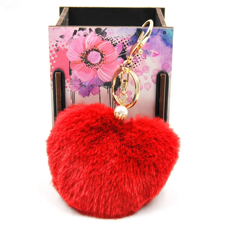 

New Fashion Fluffy Faux Rex Rabbit Fur Pom Pom Heart Ball Keychain Woman Bag Pearl Charms Keyring Man Car Key Ring Chain Trinket