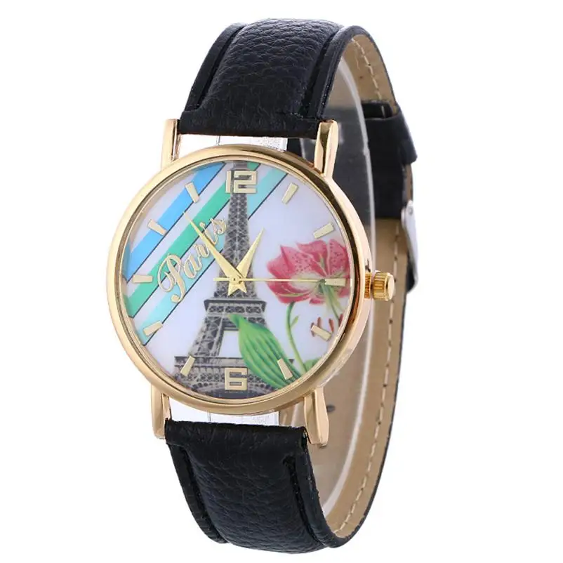 

reloj mujer Classy Paris Tower Printing Pattern Ladies PU Leather Band Analog Quartz Gifts часы женские
