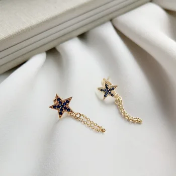 

100% Authentic 925 Sterling silver Blue Zircon AAA+ set Gold Star Tassel Dangle Earrings Fine jEWELRY E144