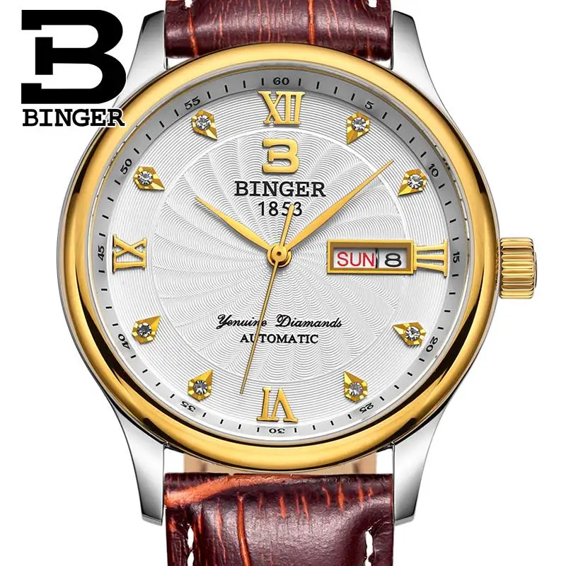 Switzerland men Wristwatches luxury brand watches BINGER luminous Quartz Wristwatches leather strap Waterproof B603B 10