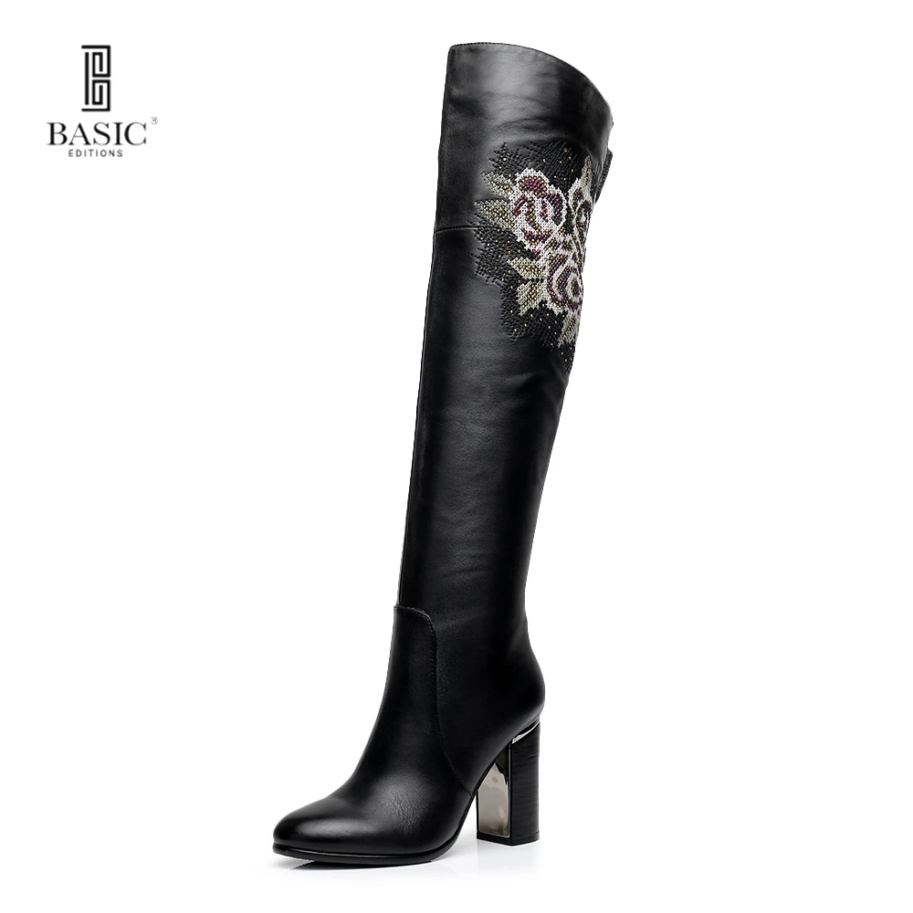 

Basic Anywear Spring Autumn Women Long Boots Pointed Toe High Heel Genuine Leather Rhinestone Embroidery - B2121-19R-06