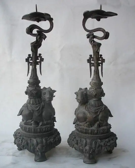 

15"Chinese Classical Pure bronze Two sheep Lucky Blessing Candlestick Pair