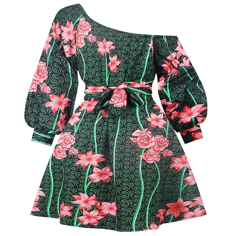 

Summer sexy shoulder-slung elasticated waistband dress digital print fluffy skirt two wear loose shirt free shipping