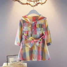 Летнее Детское платье для девочек, детские хлопковые платья, повседневное клетчатое платье с капюшоном и длинными рукавами, костюм