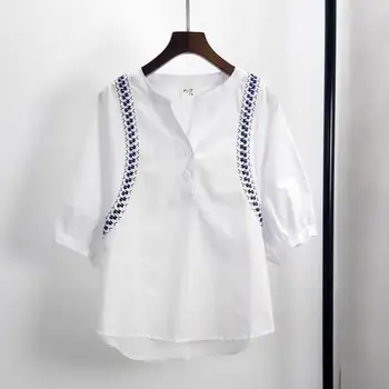 

Summer Embroidered Chemise Striped Loose Women's Shirt Spliced Lantern Sleeve Top Female Brief V-neck Blusa Feminina Camisa