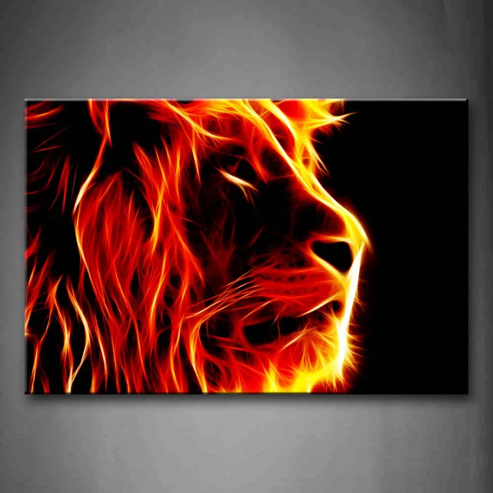 

Framed Wall Art Pictures Lion Fire Black Background Canvas Print Animal Modern Posters With Wooden Frame For Living Room