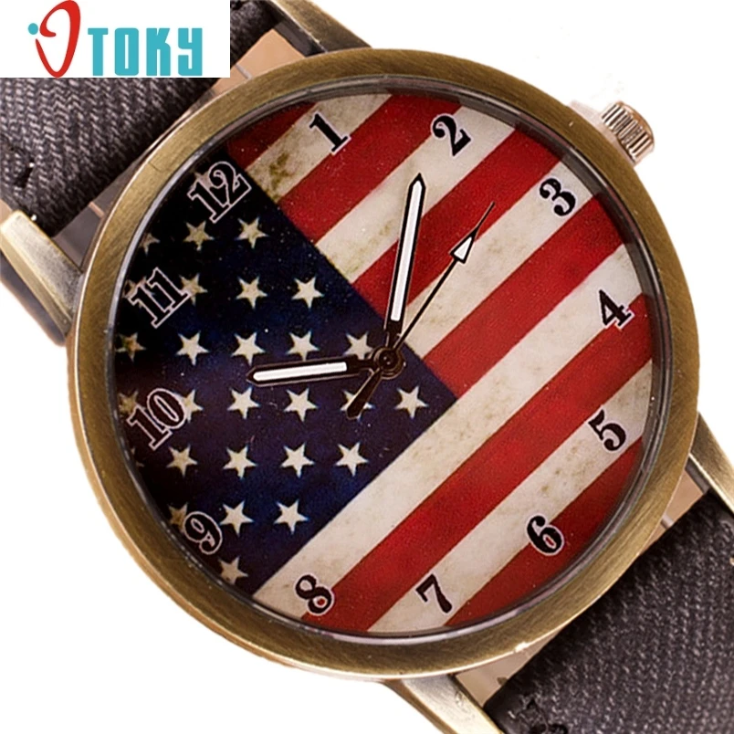 cheap wrist watch women American Flag pattern Leather Band Analog