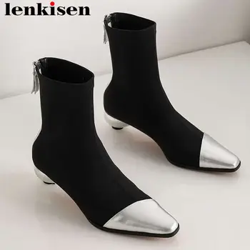 

Lenkisen stretch fabric natural leather art design med heels zipper European superstar elegant runway autumn ankle boots L92
