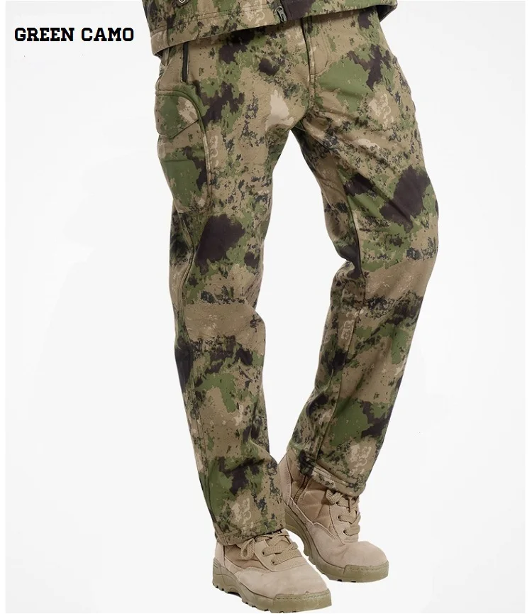 Green Camo Кожа акулы, флисовая куртка тактические военные камуфляжные штаны мужские зимние армейские водонепроницаемые теплые бегущие Камуфляжный флисовый прямые брюки мужские - Цвет: Green Camo