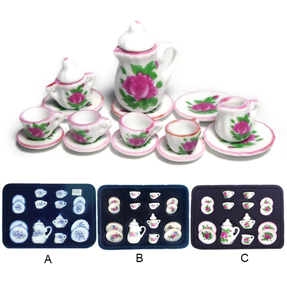 

15PCS 1:12 Doll House Miniature Mini Ceramic Dishes Cups Teapot Sugar Bowl Creamer Tableware Model Set for Kids Children