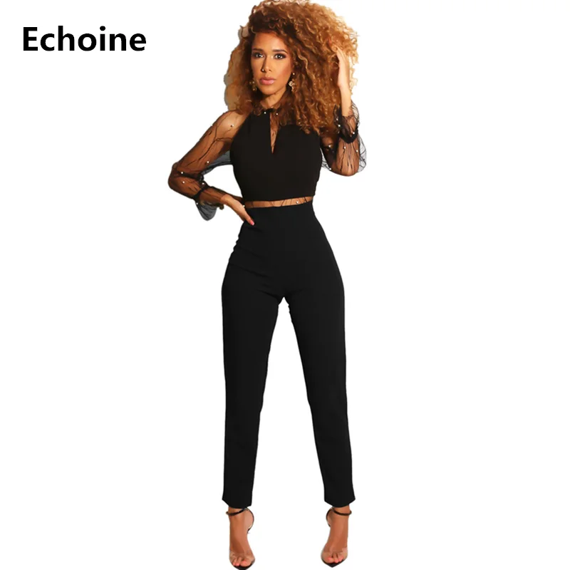 

2019 New Women Sheer Mesh Patchwork Jumpsuit Sexy See Through Transparent Rompers Jumpsuit Backless Elegant Party Playsuit