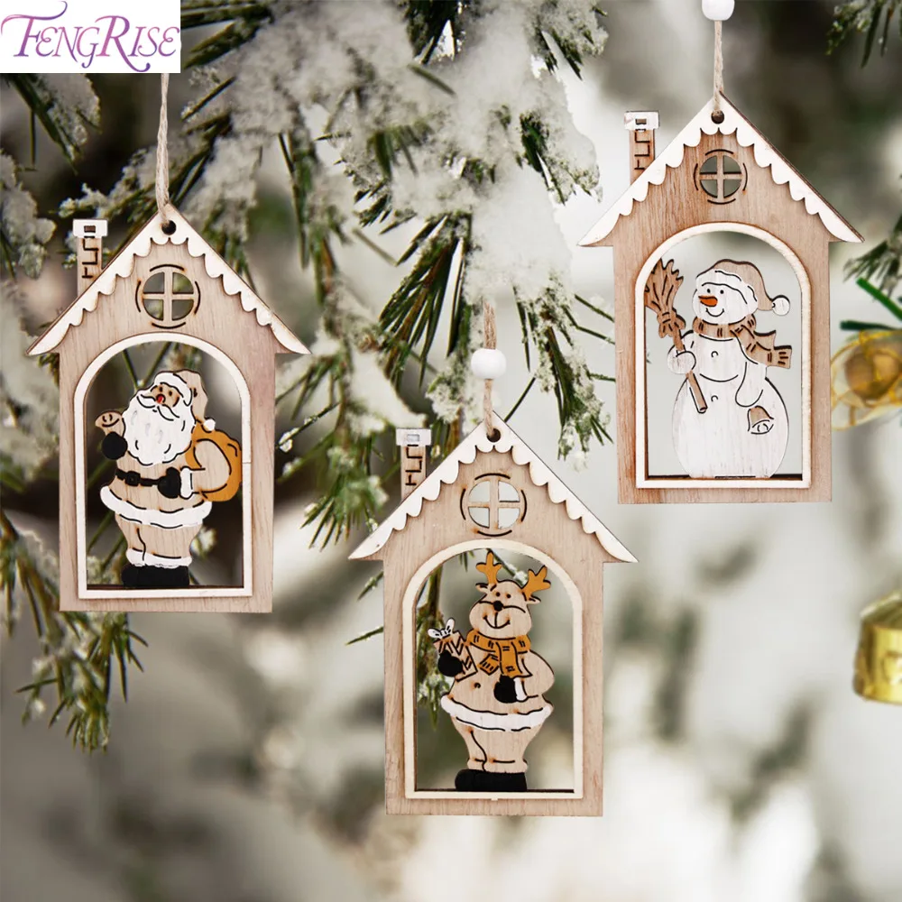 

FENGRISE Wooden House Pendant Santa Claus Reindeer Tree Ornaments Christmas Wood Crafts Xmas Decoration New Year Navidad 2019