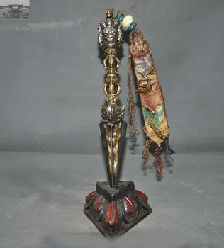 

christmas 14" Old Tibet Tantra Bronze Skull Buddha Dorje Vajra Phurpa Dagger FaQi Base Set New Year