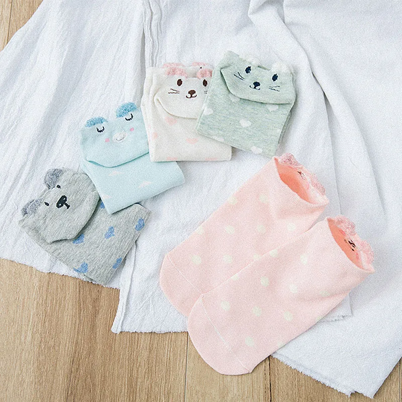 

5Pairs Arrivl Ladies Cotton Socks Non-slip Pink Cute Three-Dimensional Cat Small Fresh Girls Shallow Mouth Invisible Socks