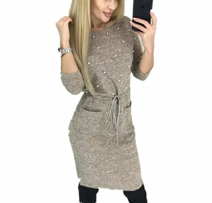 

2019 New Women Winter Spring Colors Cotton Dress Beading Knee-Length Stretch Elegant Long Sleeve O-neck Pockets Office Dresses