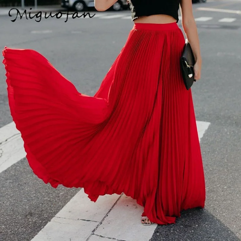 Miguofan Pleated Skirt Women High Waist Long Skirts Loose Streetwear Solid Black White Maxi Skirts Summer Jupe Femme - Цвет: Красный