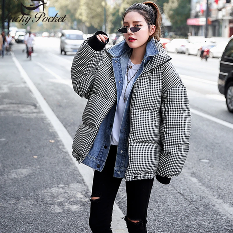 

Female Winter New Thick Fake Two Pieces Parkas Women Fashion Denim Lattice Patchwork Jacket Casual Loose Long Sleeve Coat Z986