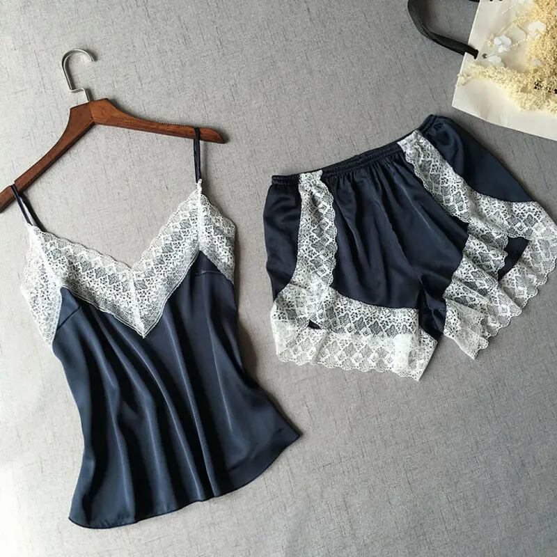 

2pcs Women Satin Lace Sleepwear Babydoll Sexy Lingerie Nightdress Pajamas Set