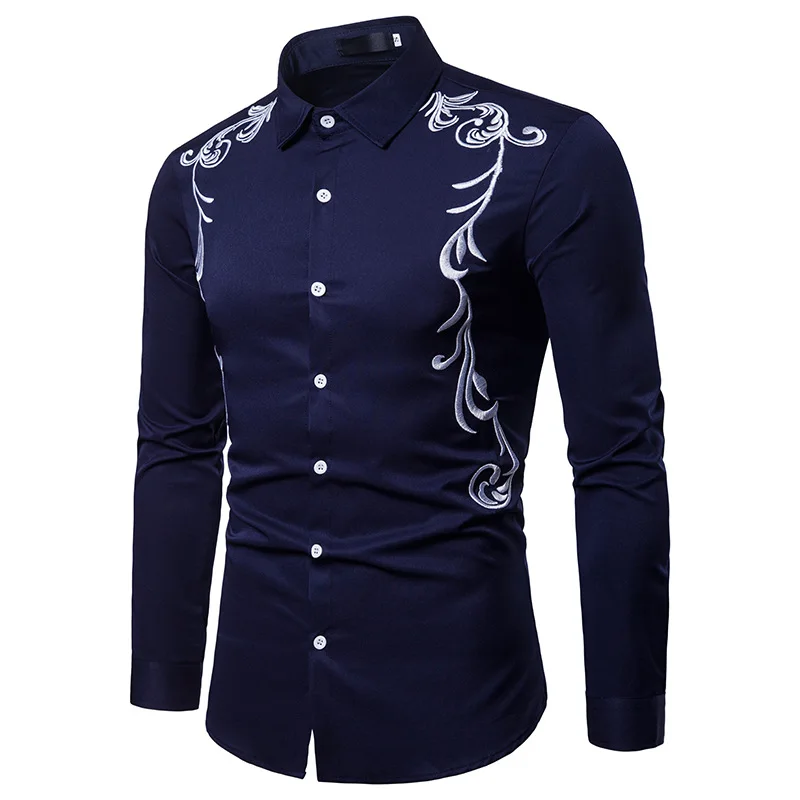 

Brand Superior quality fall New men's shirt embroidered lapel large size casual slim long sleeve shirt camisa masculina
