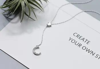 

100% Real. 925 Sterling Silver Fine Jewelry Lariat "Y" Choker Necklace Star &Drop Crescent Moon Pendant GTLX1498