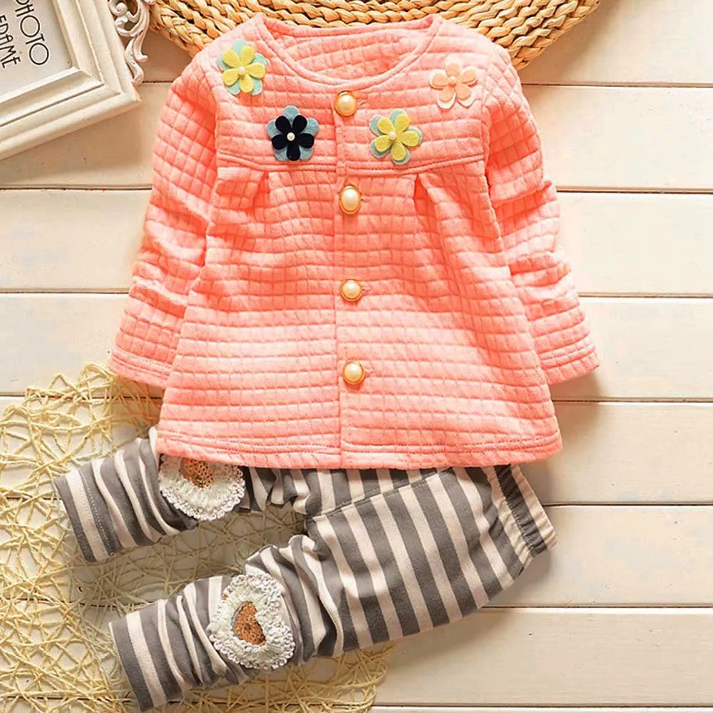 

Baby kids Girls Warm Cotton Flower Long Sleeve Cardigan+Long Pants Clothing lovely Sets fashion 100% Cotton Baby Girls Clothes